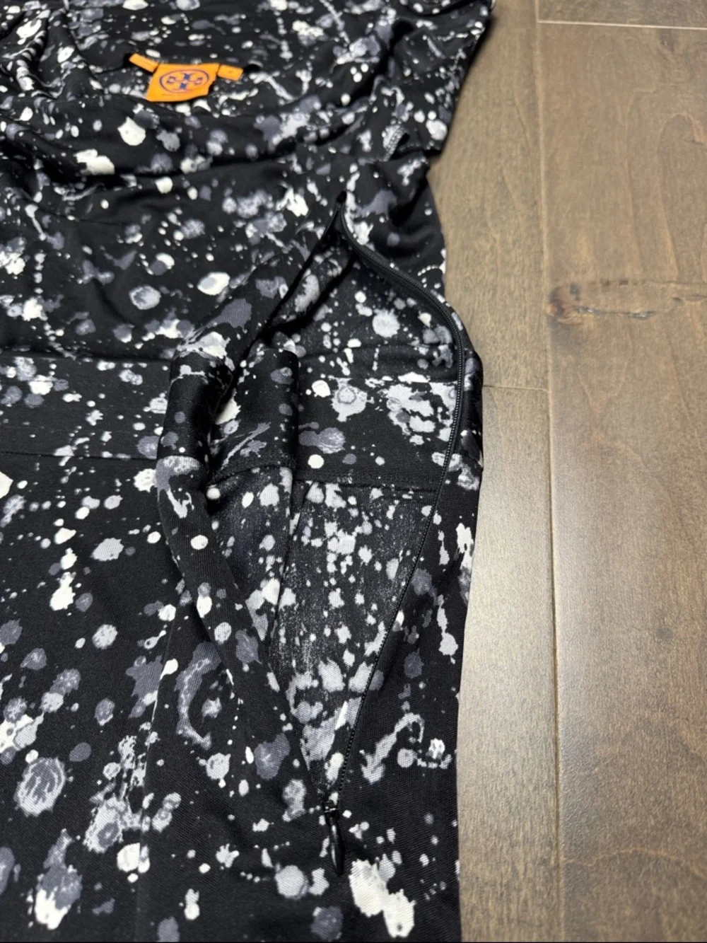Tory Burch Silk Dress M Black White Paint Splatter Cowl Neck Sheath